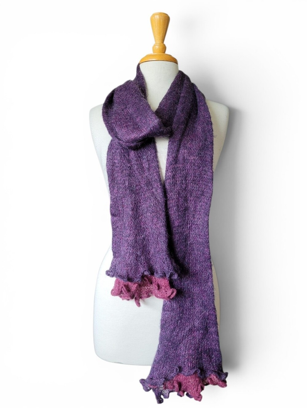 Vintage Made In Italy Mohair Blend Long Scarf Berry Plum Lettuce Edge